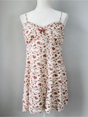 Trixxi Floral Mini Dress L Cream Burgundy Lace Trim Bow Coquette Cottagecore